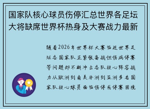国家队核心球员伤停汇总世界各足坛大将缺席世界杯热身及大赛战力最新追踪