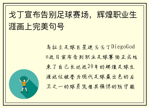 戈丁宣布告别足球赛场，辉煌职业生涯画上完美句号